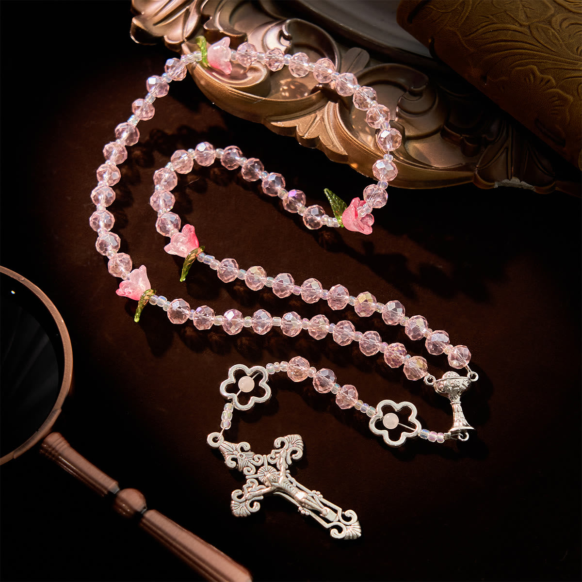 Jesus Is The Gift: Handmade Elegant Pink Crystal Rosary with 3D Rose Beads with Gift Card
