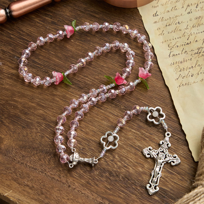 Elegant Pink Crystal Rosary with 3D Rose Beads, Silver Chalice Medal & Crucifix: Embrace Divine Grace