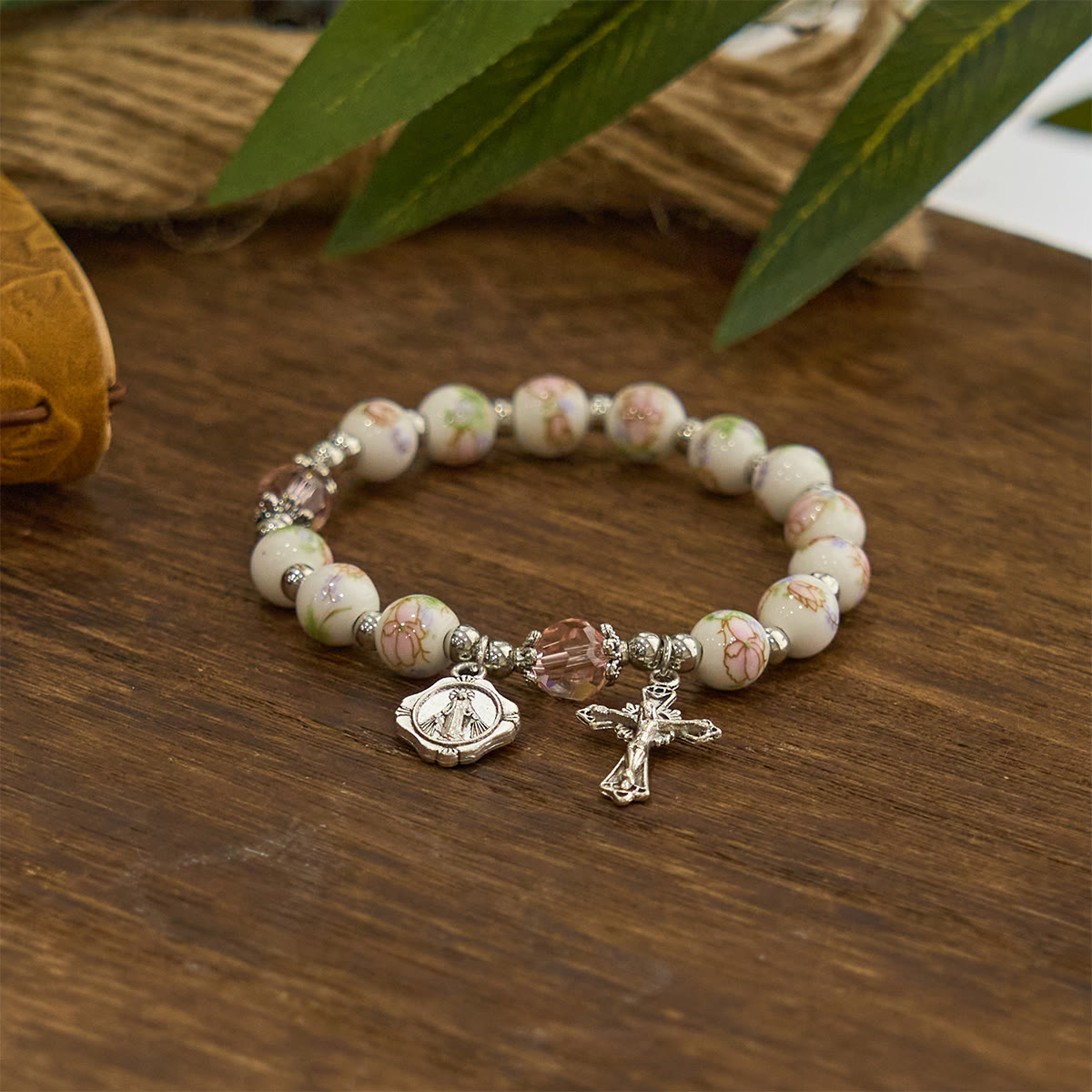 Multi-color Floral Ceramic Stretch Bracelet with Miraculous Medal & Crucifix: Subtle Faith Elegance