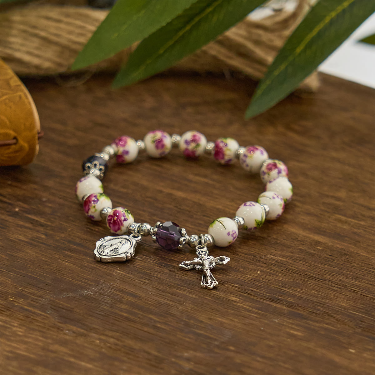 Multi-color Floral Ceramic Stretch Bracelet with Miraculous Medal & Crucifix: Subtle Faith Elegance