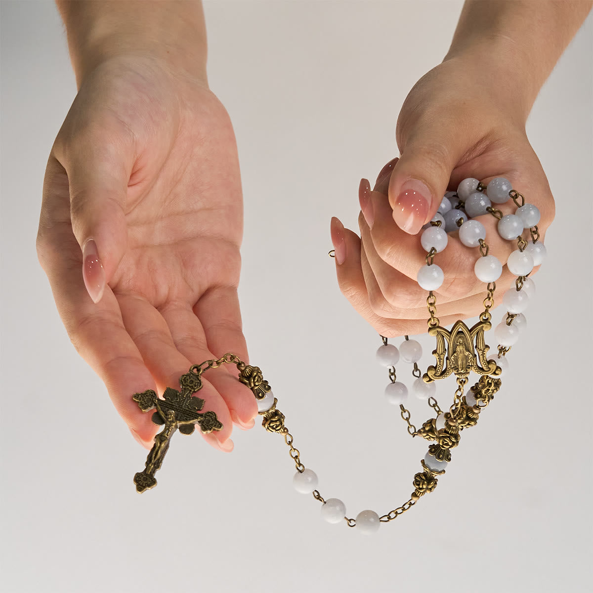 Rosary with Light Blue Jade Beads and Brass - Toned Accents: Your Path to Divine Communion