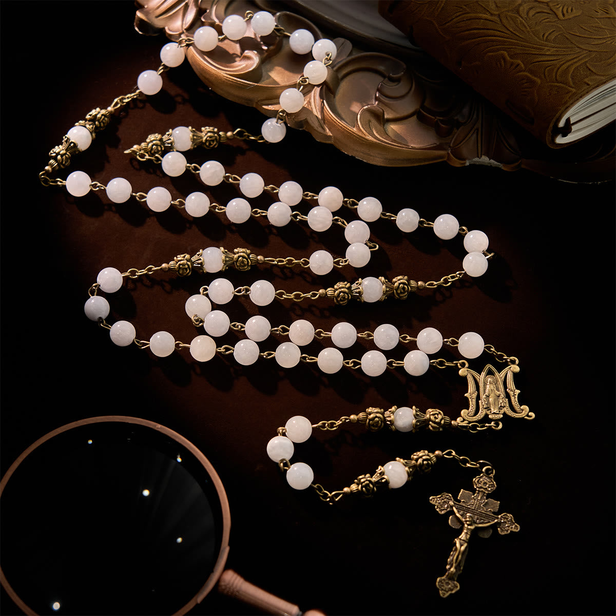Rosary with Light Blue Jade Beads and Brass - Toned Accents: Your Path to Divine Communion