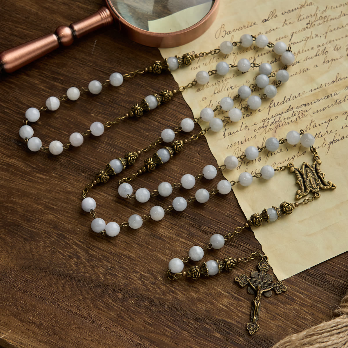 Rosary with Light Blue Jade Beads and Brass - Toned Accents: Your Path to Divine Communion