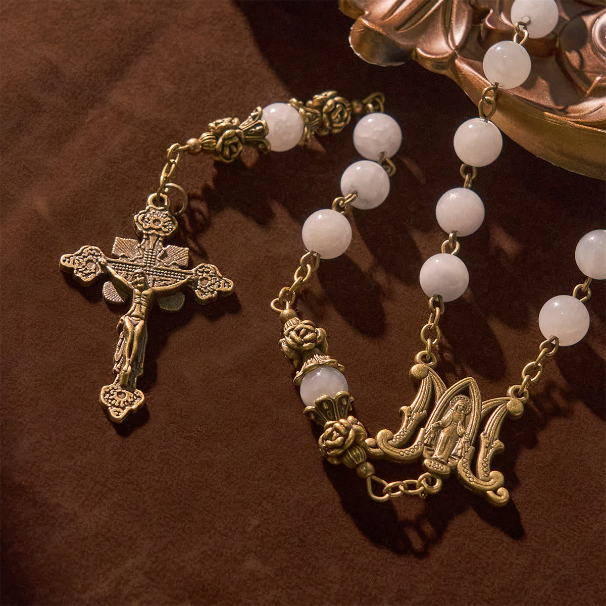 Rosary with Light Blue Jade Beads and Brass - Toned Accents: Your Path to Divine Communion