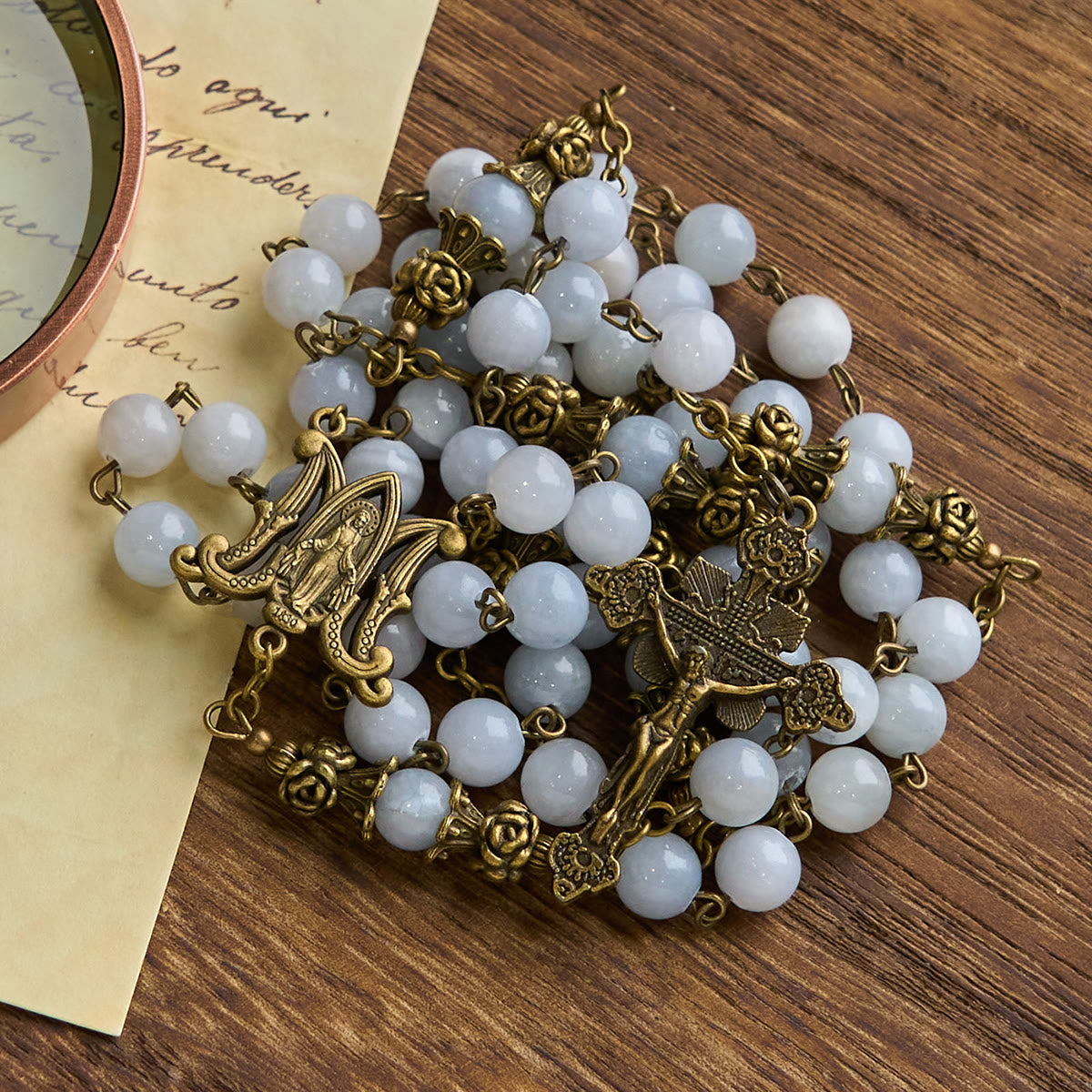 PRAYERFUL FAITH: Handmade Rosary with Light Blue Jade Beads and Brass with Gift Card