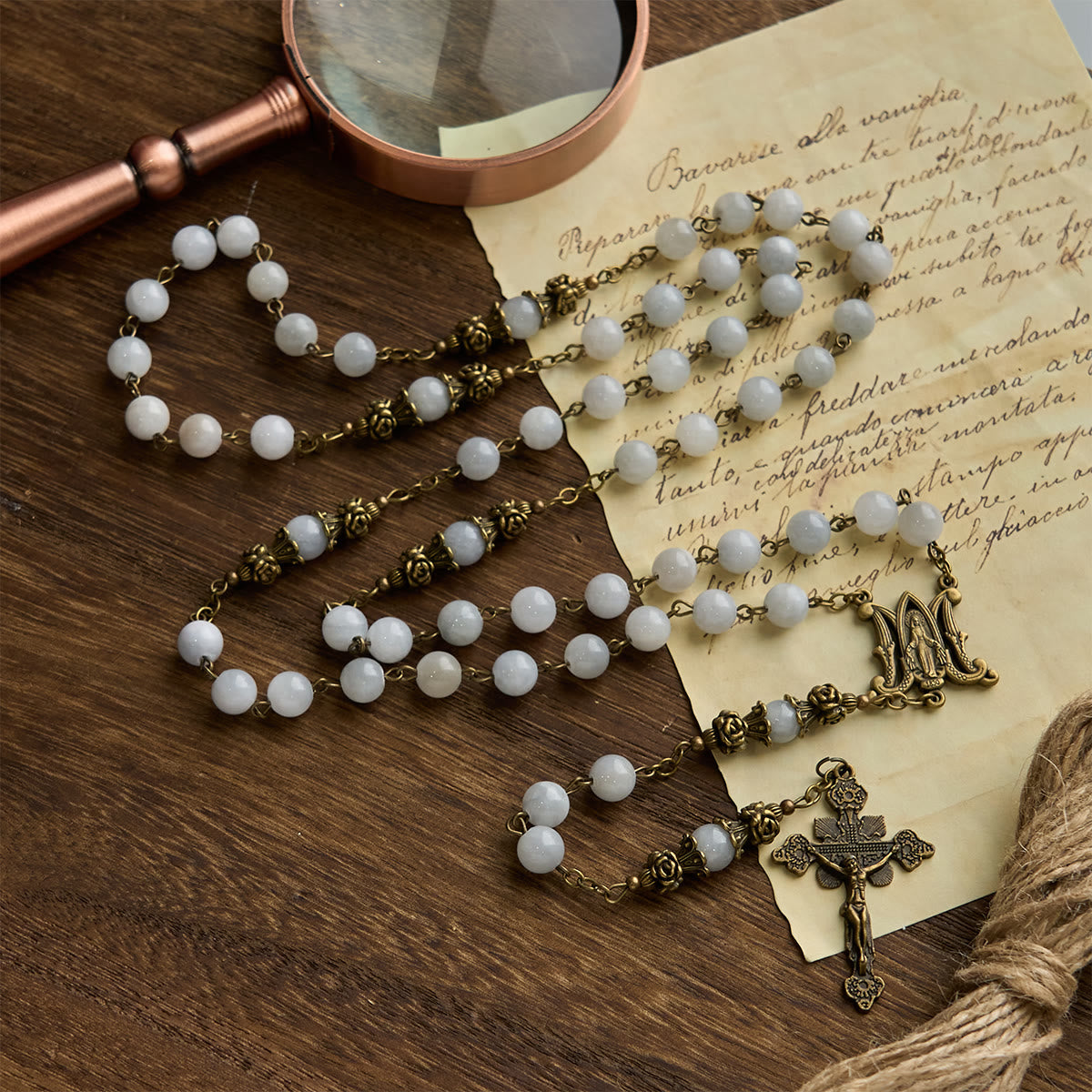 Rosary with Light Blue Jade Beads and Brass - Toned Accents: Your Path to Divine Communion