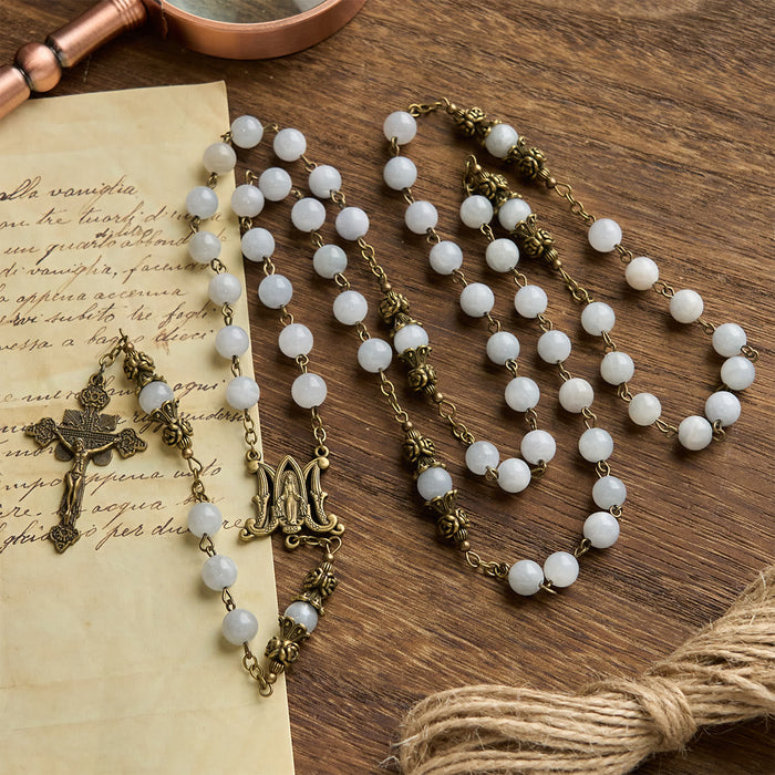 Rosary with Light Blue Jade Beads and Brass - Toned Accents: Your Path to Divine Communion