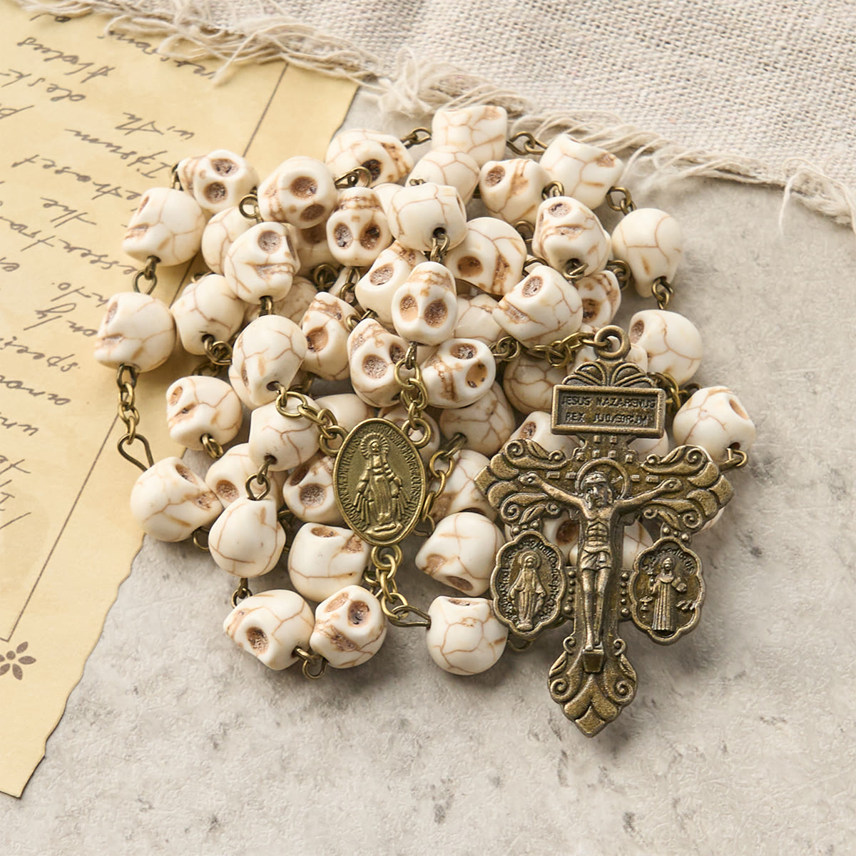 Saint Benedict & Crucifix of 8 mm White Pine Skull Alloy Chain Rosary Necklace