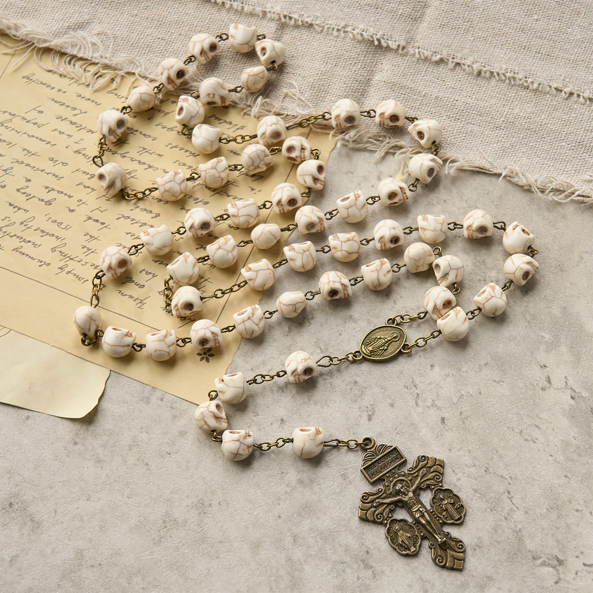 Saint Benedict & Crucifix of 8 mm White Pine Skull Alloy Chain Rosary Necklace