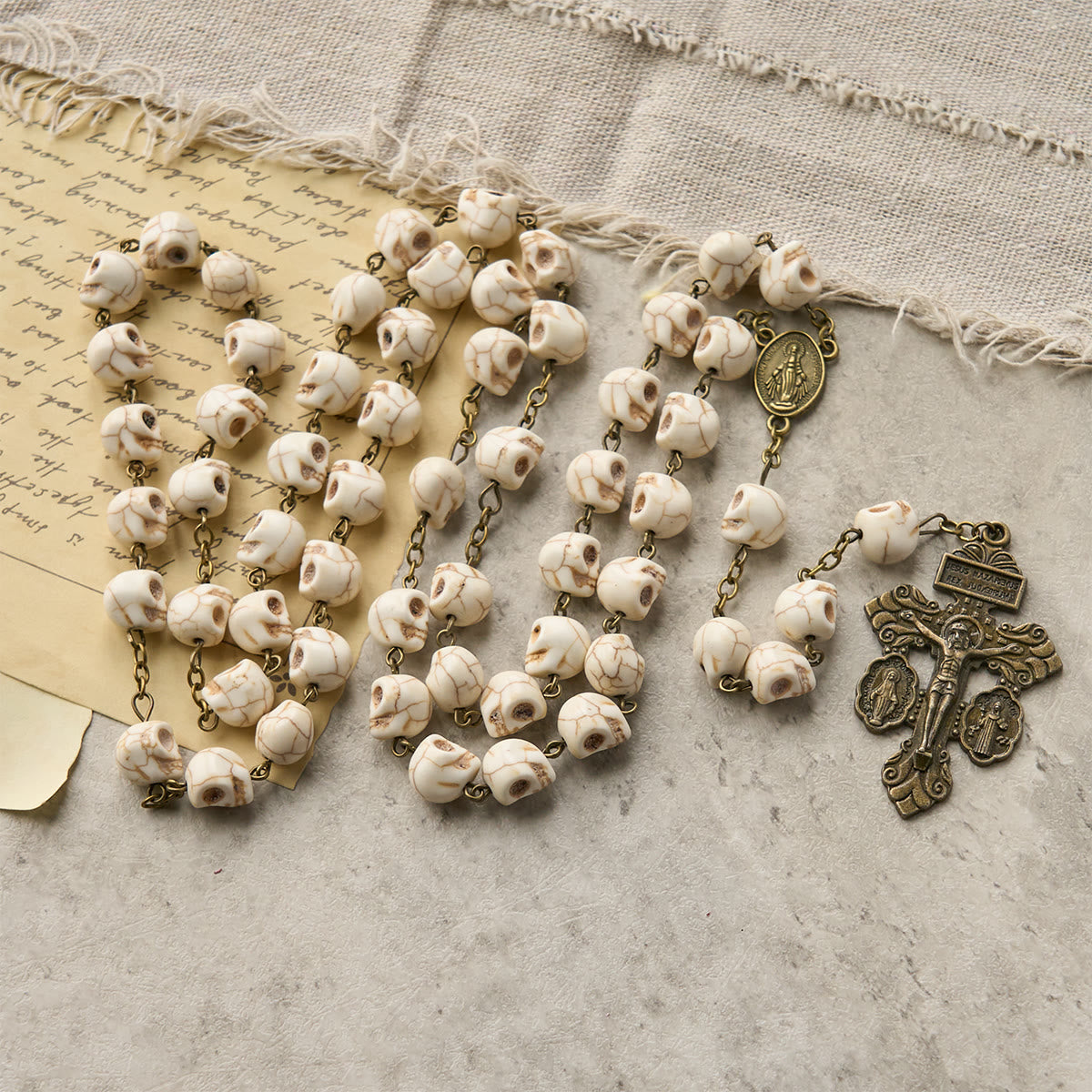 Saint Benedict & Crucifix of 8 mm White Pine Skull Alloy Chain Rosary Necklace