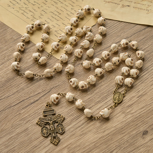 Saint Benedict & Crucifix of 8 mm White Pine Skull Alloy Chain Rosary Necklace