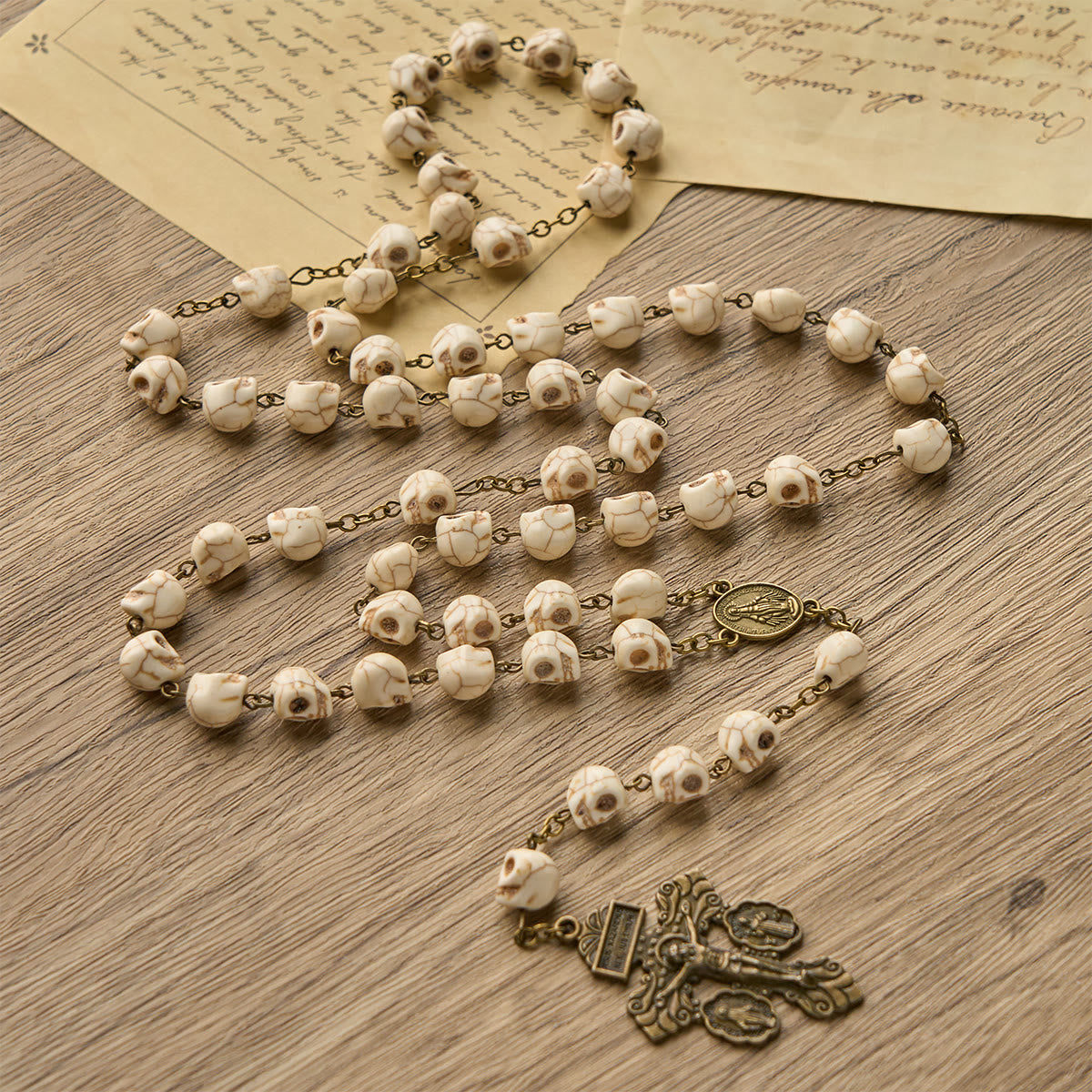 Saint Benedict & Crucifix of 8 mm White Pine Skull Alloy Chain Rosary Necklace