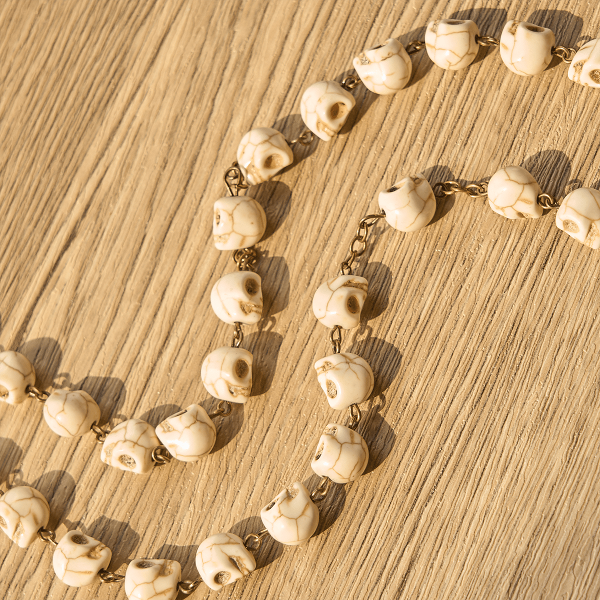 Saint Benedict & Crucifix of 8 mm White Pine Skull Alloy Chain Rosary Necklace