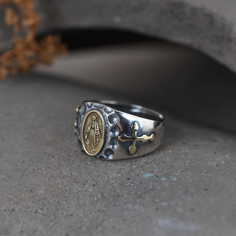925 Sterling Silver Retro Style Virgin Mary Blessing Badge Religious Ring