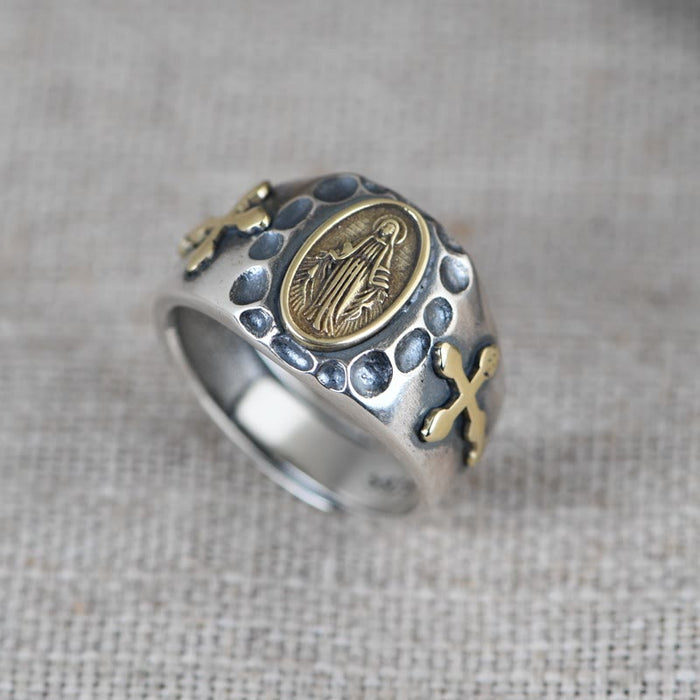 925 Sterling Silver Retro Style Virgin Mary Blessing Badge Religious Ring