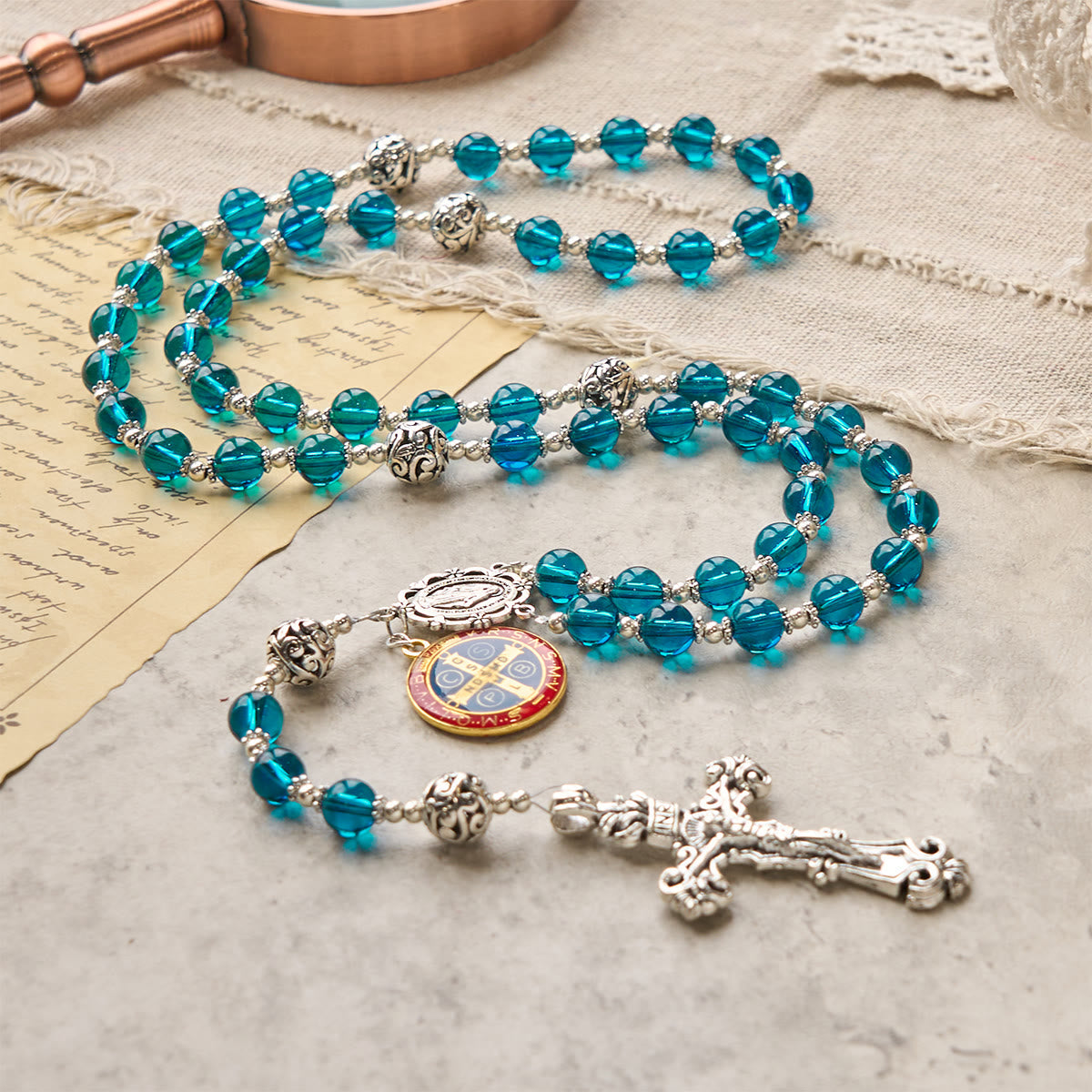 PRAYERFUL FAITH: Handmade Crucifix Clear Blue Glass Rosary with Gift Card