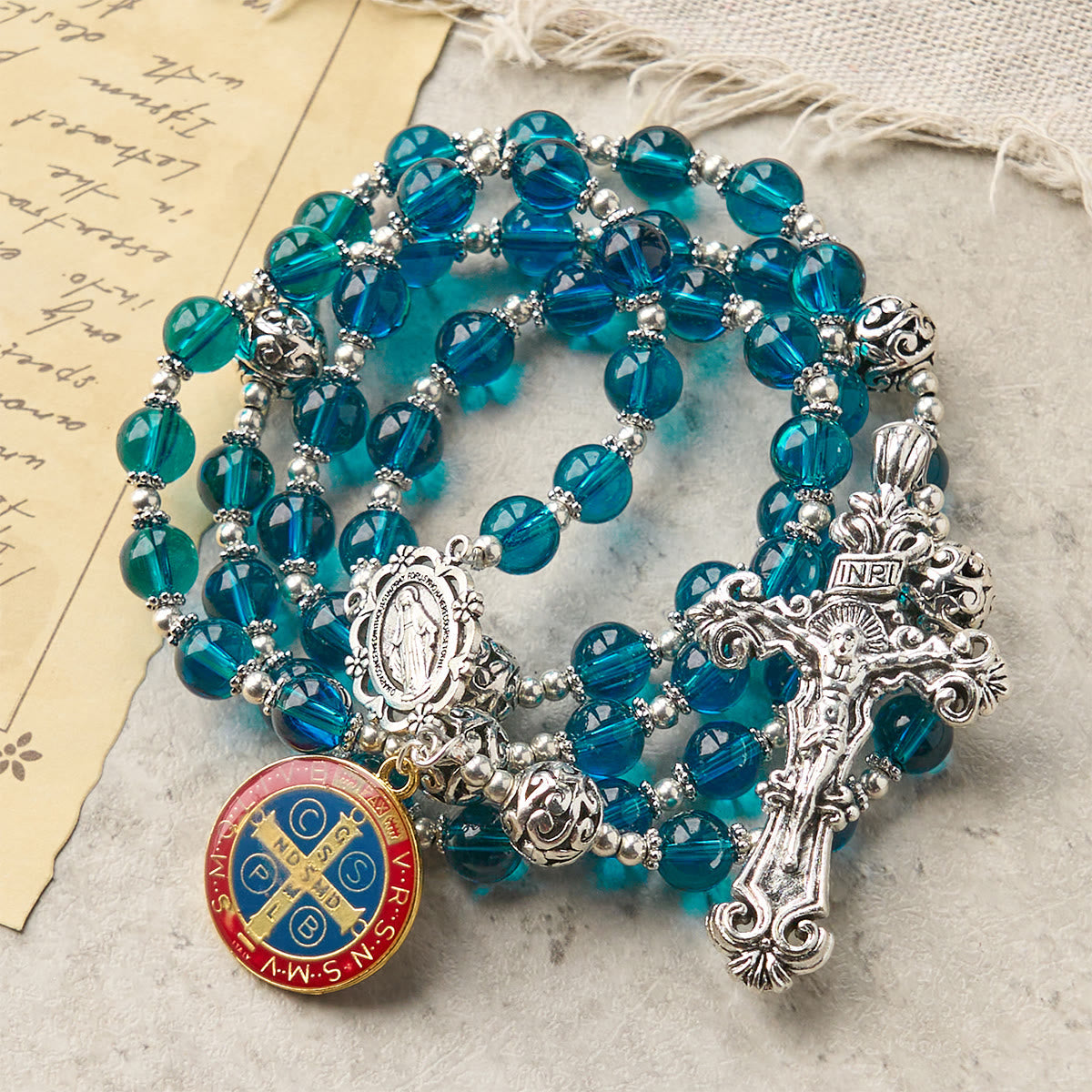 PRAYERFUL FAITH: Handmade Crucifix Clear Blue Glass Rosary with Gift Card