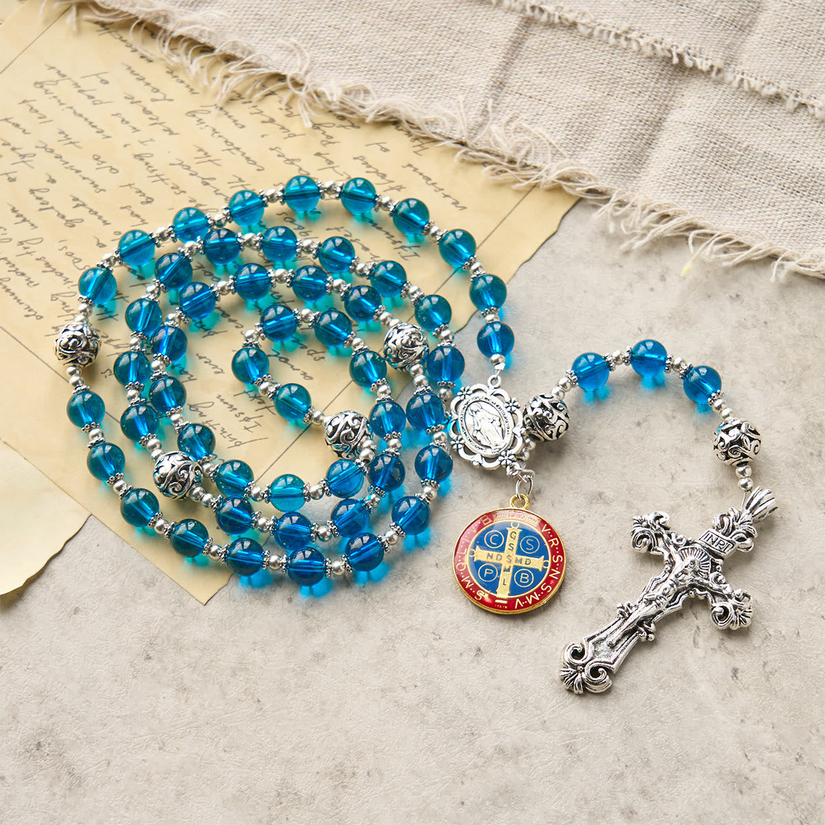 Handmade Crucifix Clear Blue Glass Rosary with Enameled St. Benedict & Miraculous Medal