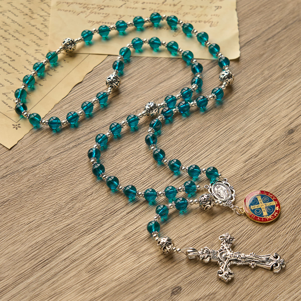Handmade Crucifix Clear Blue Glass Rosary with Enameled St. Benedict & Miraculous Medal