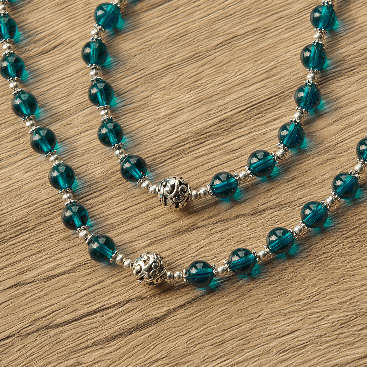 Handmade Crucifix Clear Blue Glass Rosary with Enameled St. Benedict & Miraculous Medal