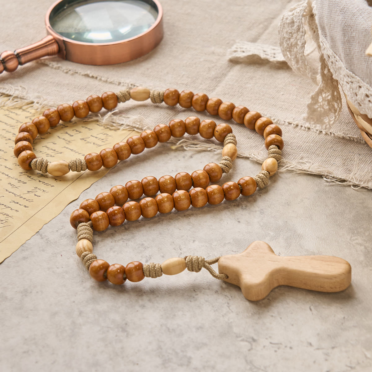 PRAYERFUL FAITH: Handmade Minimalist Olive Wood Rosary with Gift Card