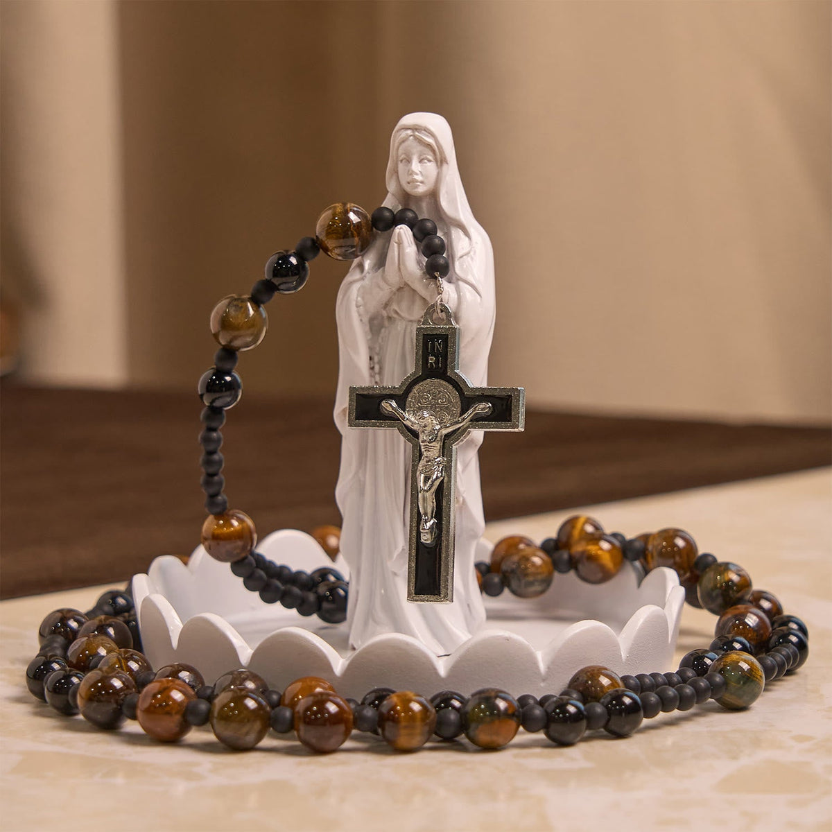10mm Tiger's Eye Stone Beads Rosary with Black Enamel Crucifix: Embrace Earthy Sacredness