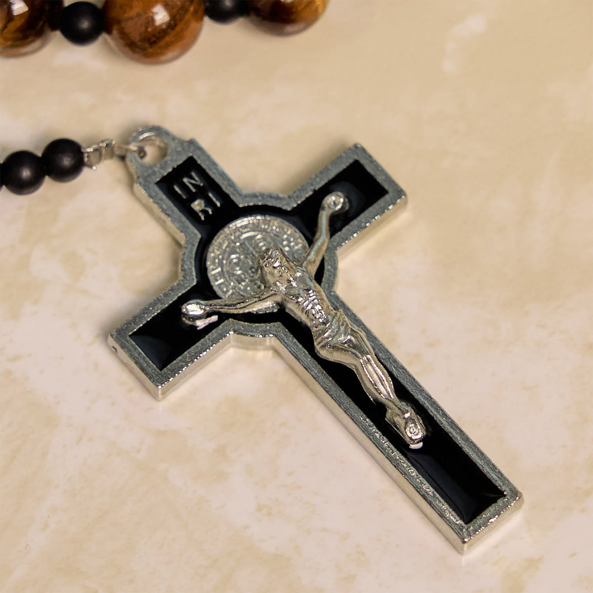 10mm Tiger's Eye Stone Beads Rosary with Black Enamel Crucifix: Embrace Earthy Sacredness