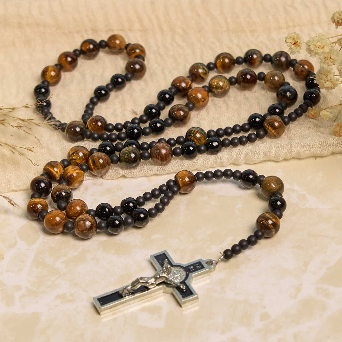 10mm Tiger's Eye Stone Beads Rosary with Black Enamel Crucifix: Embrace Earthy Sacredness