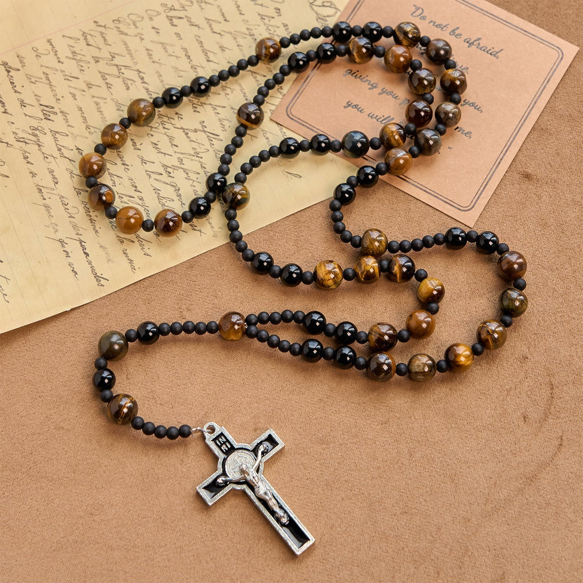 10mm Tiger's Eye Stone Beads Rosary with Black Enamel Crucifix: Embrace Earthy Sacredness
