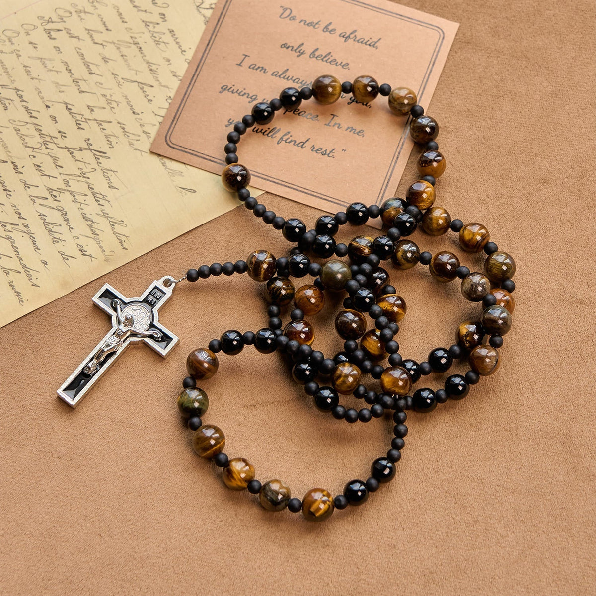 10mm Tiger's Eye Stone Beads Rosary with Black Enamel Crucifix: Embrace Earthy Sacredness