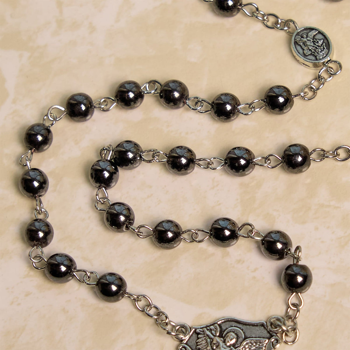Sacred Shiny Black Beads Rosary with St. Michael the Archangel Pendant & Crucifix