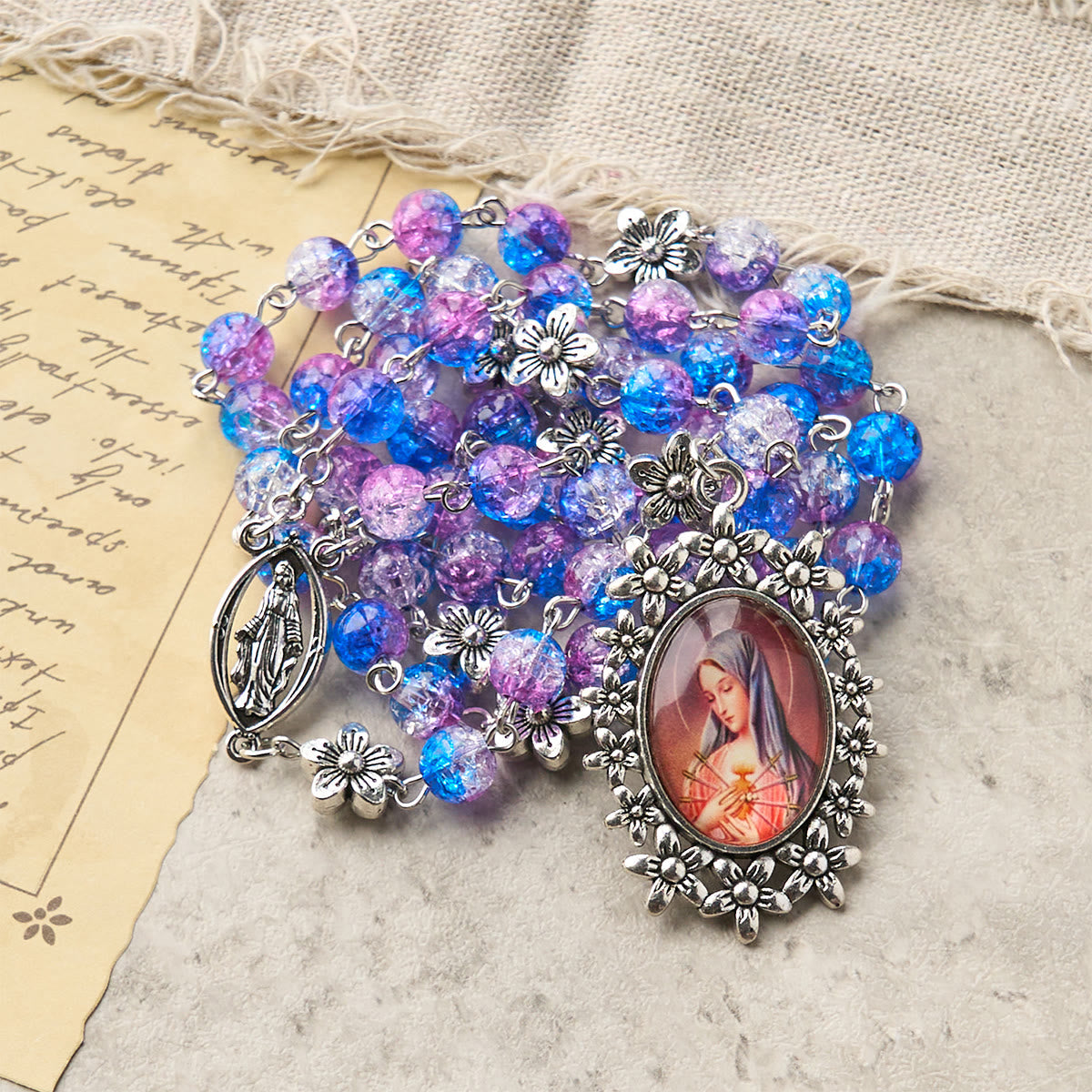 Seven Sorrow of 8 mm Round Blue-Purple Gradient Rosary with Floral - Carved Our Lady of Sorrows Pendant