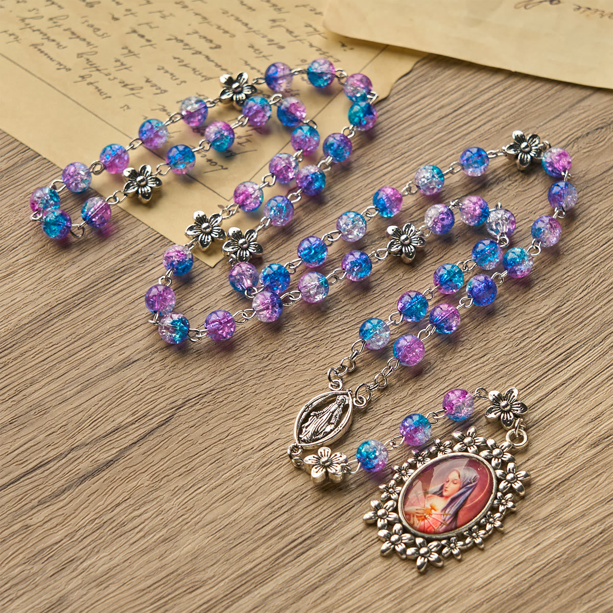 Seven Sorrow of 8 mm Round Blue-Purple Gradient Rosary with Floral - Carved Our Lady of Sorrows Pendant