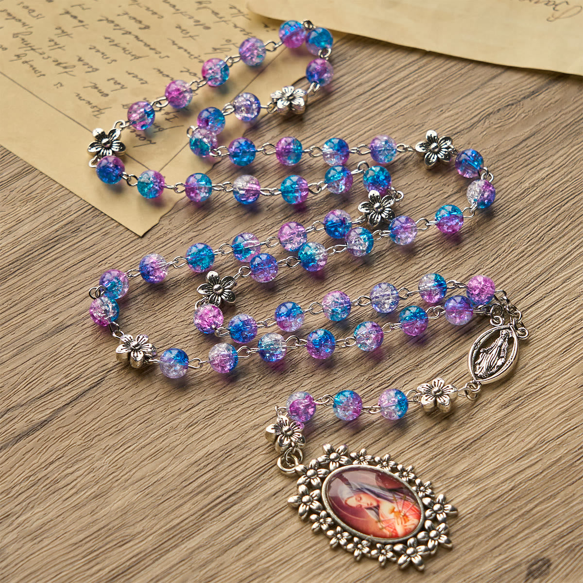 Seven Sorrow of 8 mm Round Blue-Purple Gradient Rosary with Floral - Carved Our Lady of Sorrows Pendant