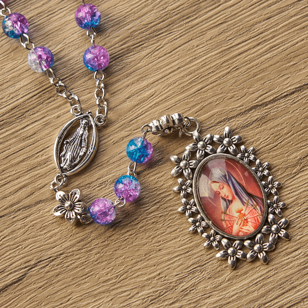 Seven Sorrow of 8 mm Round Blue-Purple Gradient Rosary with Floral - Carved Our Lady of Sorrows Pendant