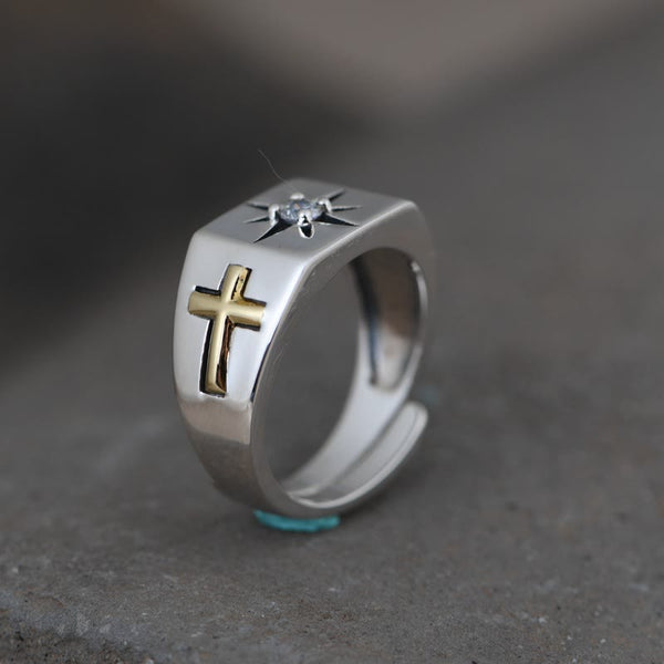 Cross and Virgin Mary with White Cubic 925 Sterling Silver Adjustable Vintage Ring