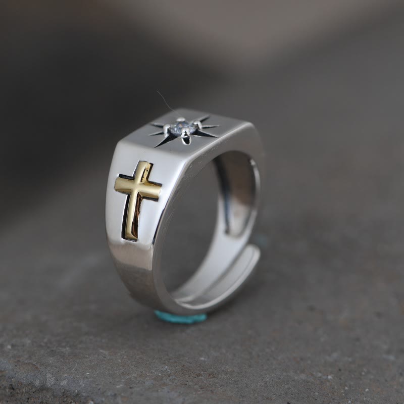 Cross and Virgin Mary with White Cubic 925 Sterling Silver Adjustable Vintage Ring