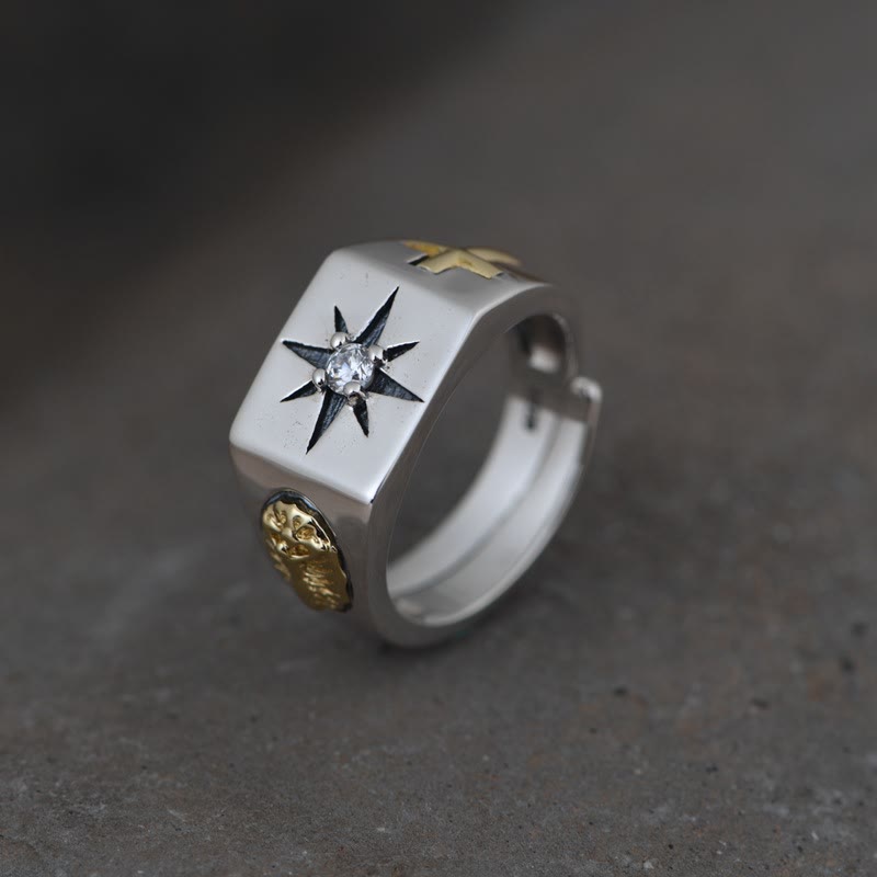 Cross and Virgin Mary with White Cubic 925 Sterling Silver Adjustable Vintage Ring