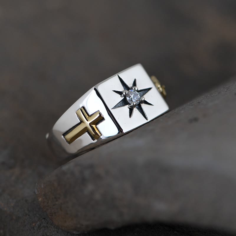 Cross and Virgin Mary with White Cubic 925 Sterling Silver Adjustable Vintage Ring