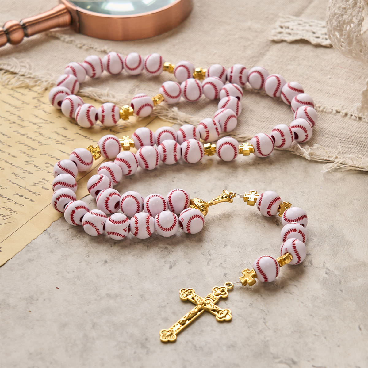 PRAYERFUL FAITH: Blessed Miniature Baseball Beads Rosary with Golden Holy Chalice & Crucifix