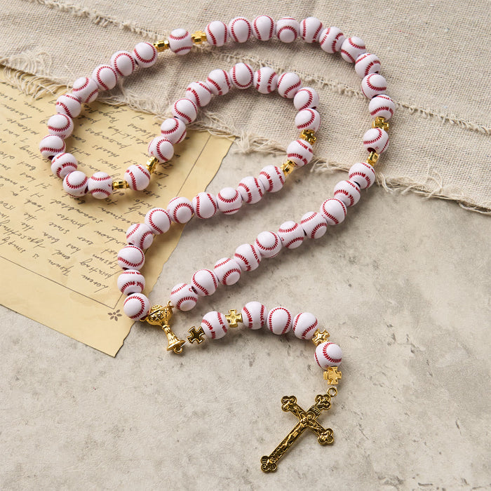 Blessed Miniature Baseball Beads Rosary with Golden Holy Chalice & Crucifix: Merge Faith and Sport
