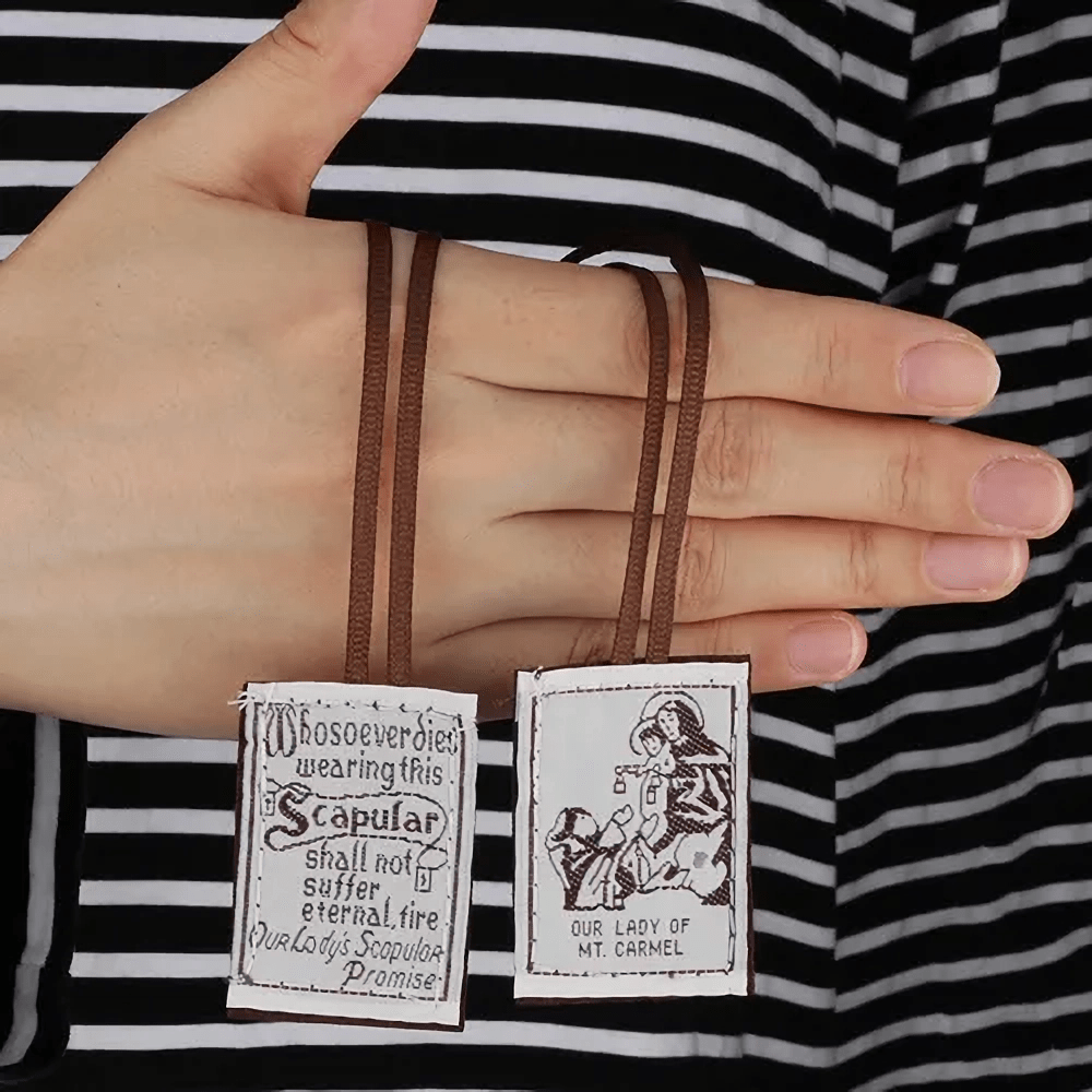 Catholic Scapular in Black and White of Our Lady of Mount Carmels & Jacred Heart of Jesus