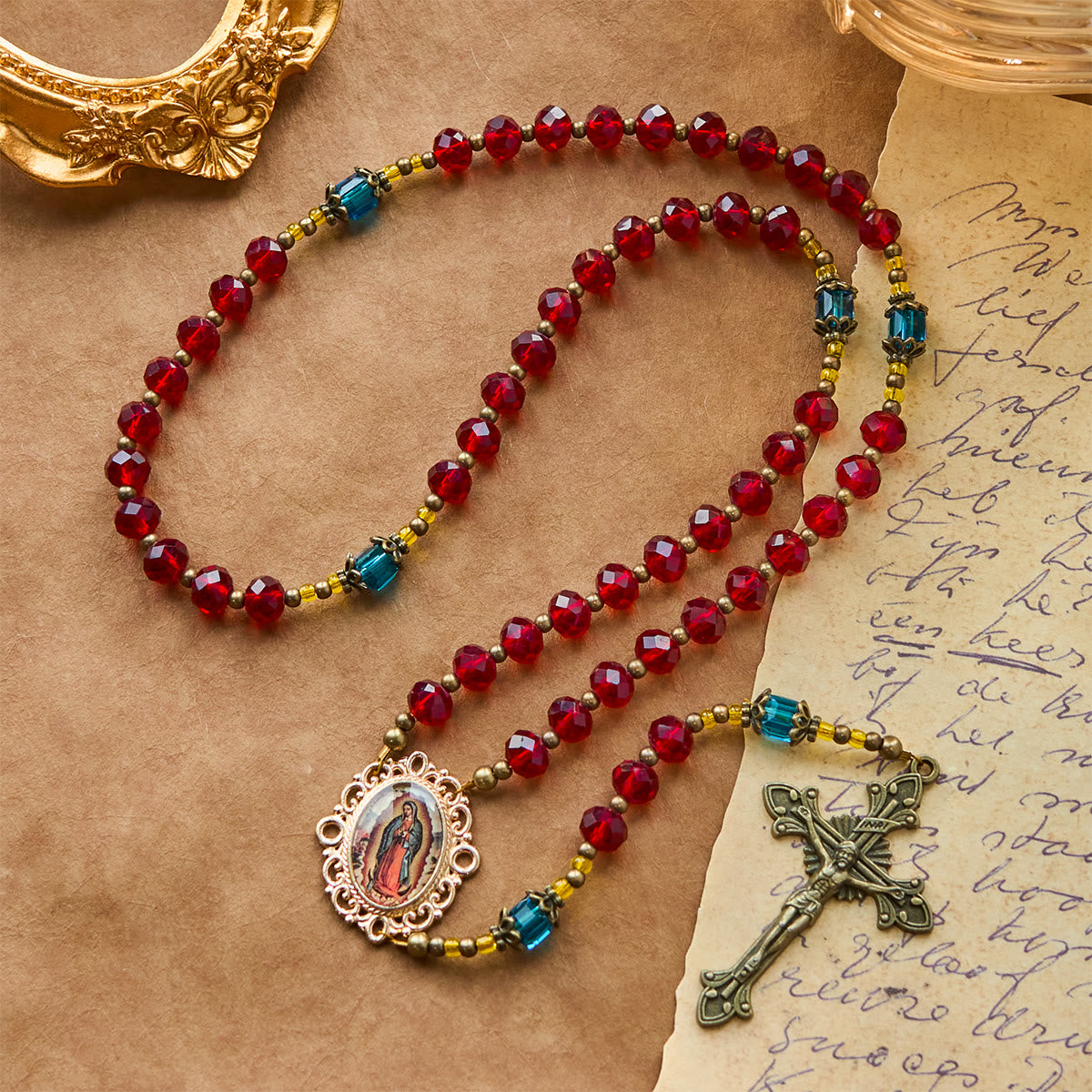 Handmade Red Crystal Bohemian Czech Glass Our Lady of Guadalupe Crucifix Rosary