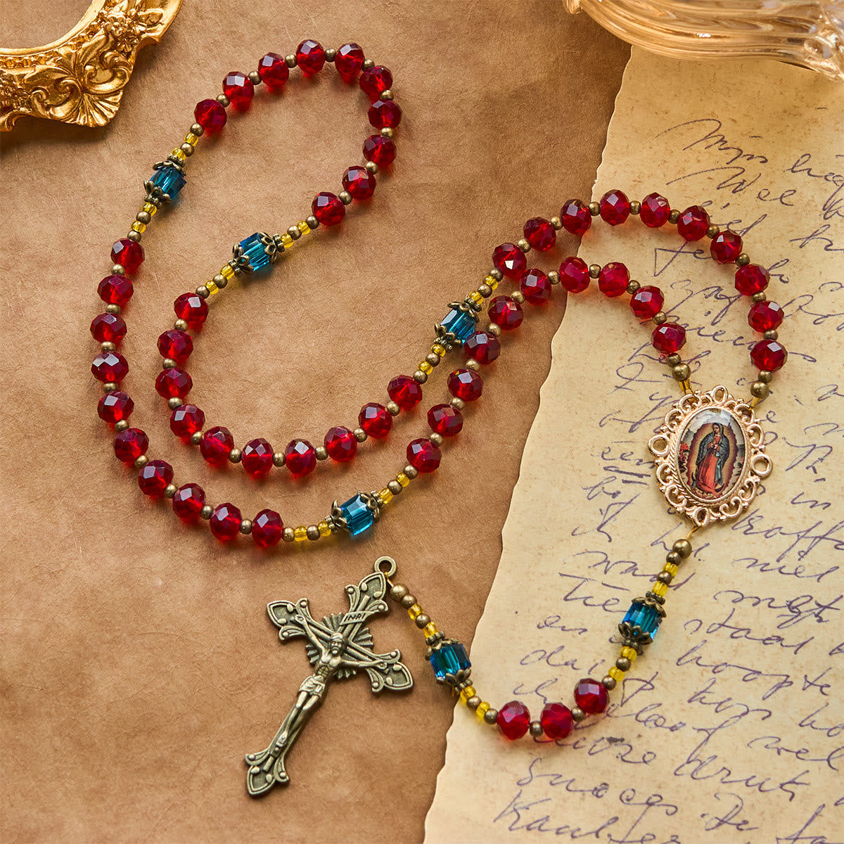PRAYERFUL FAITH: Handmade Red Crystal Bohemian Czech Glass Rosary with Gift Card
