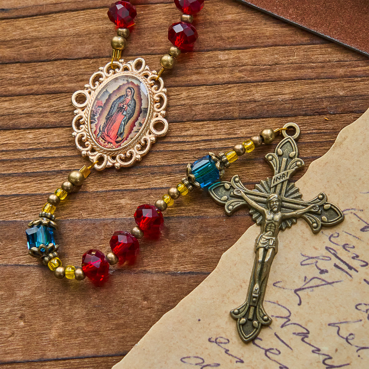 Handmade Red Crystal Bohemian Czech Glass Our Lady of Guadalupe Crucifix Rosary