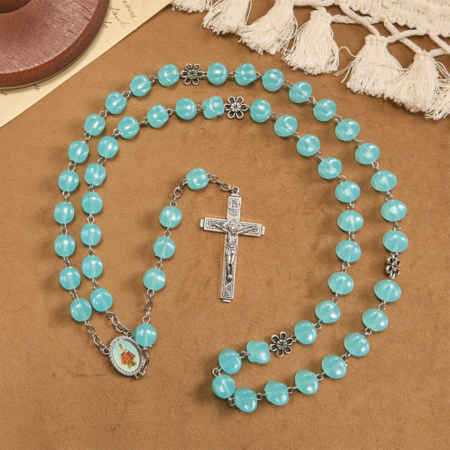 Rose Alloy Chain Blue Cube Beads Rosary with Our Lady Icon & Crucifix