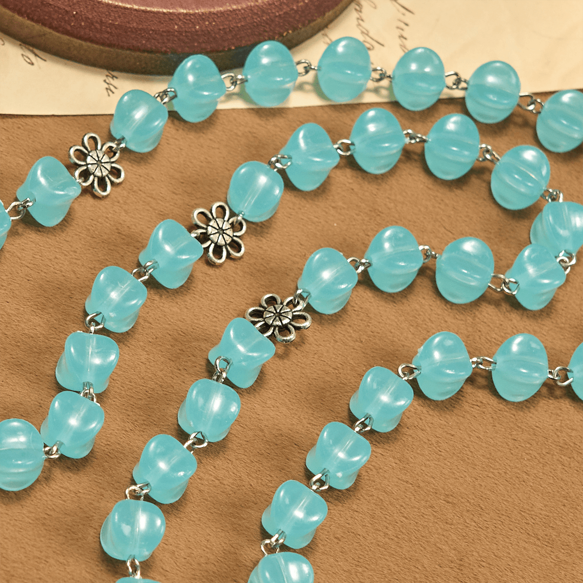 Rose Alloy Chain Blue Cube Beads Rosary with Our Lady Icon & Crucifix