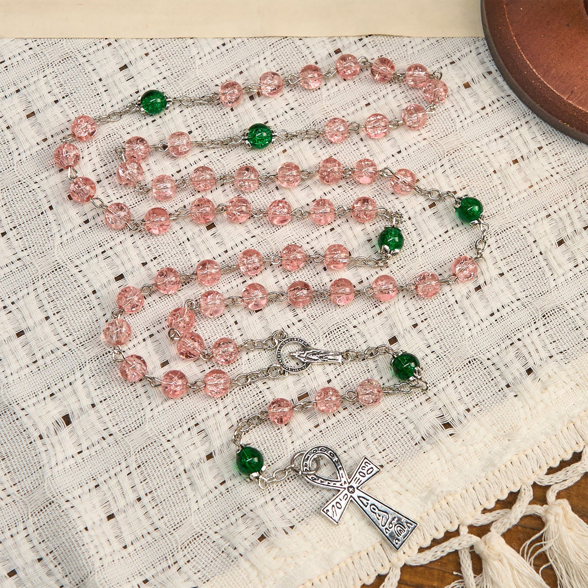 Inclusive Clear Sparkling Pink Glass Beads Alloy Chain Rosary with Our Lady & Ankh Cross