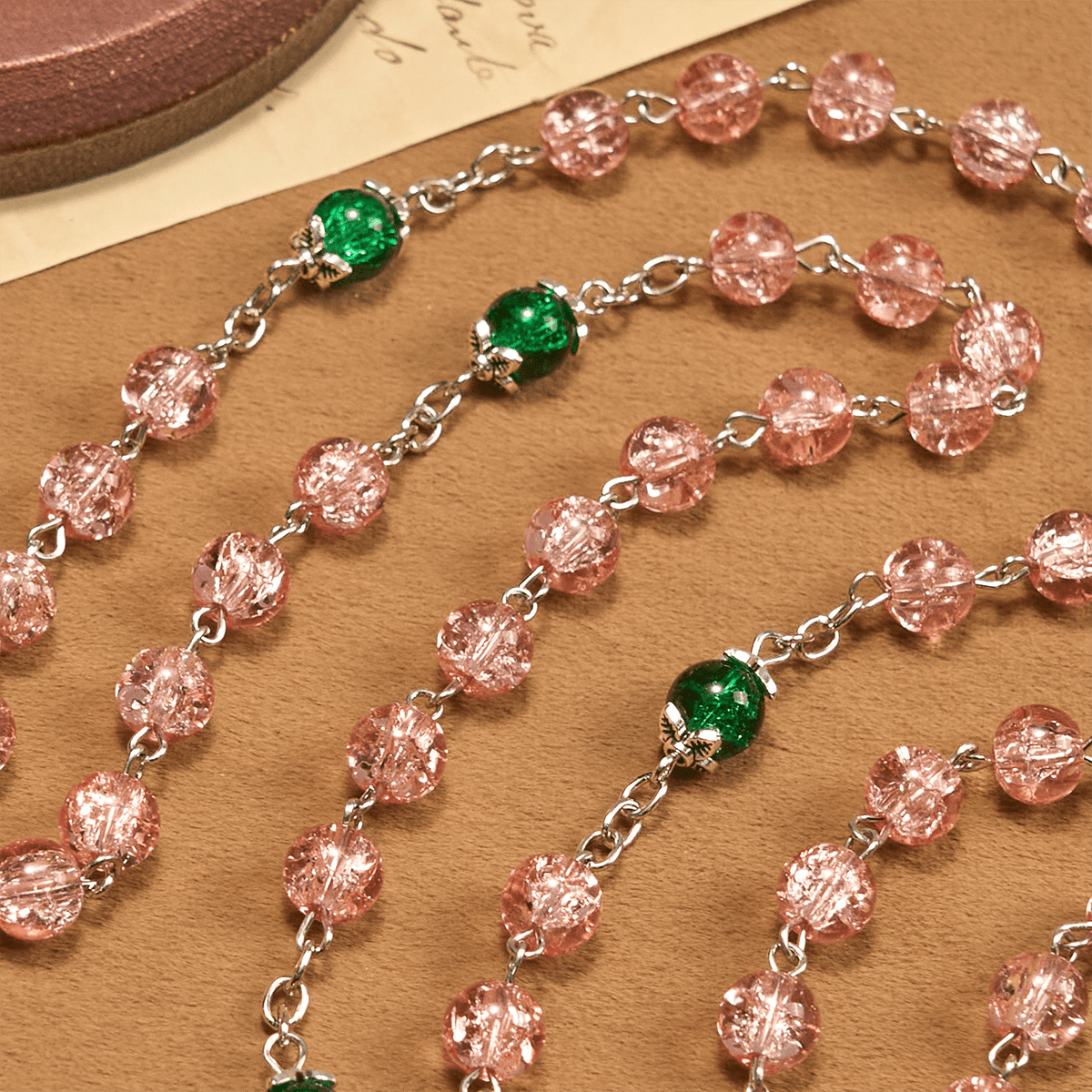 Inclusive Clear Sparkling Pink Glass Beads Alloy Chain Rosary with Our Lady & Ankh Cross