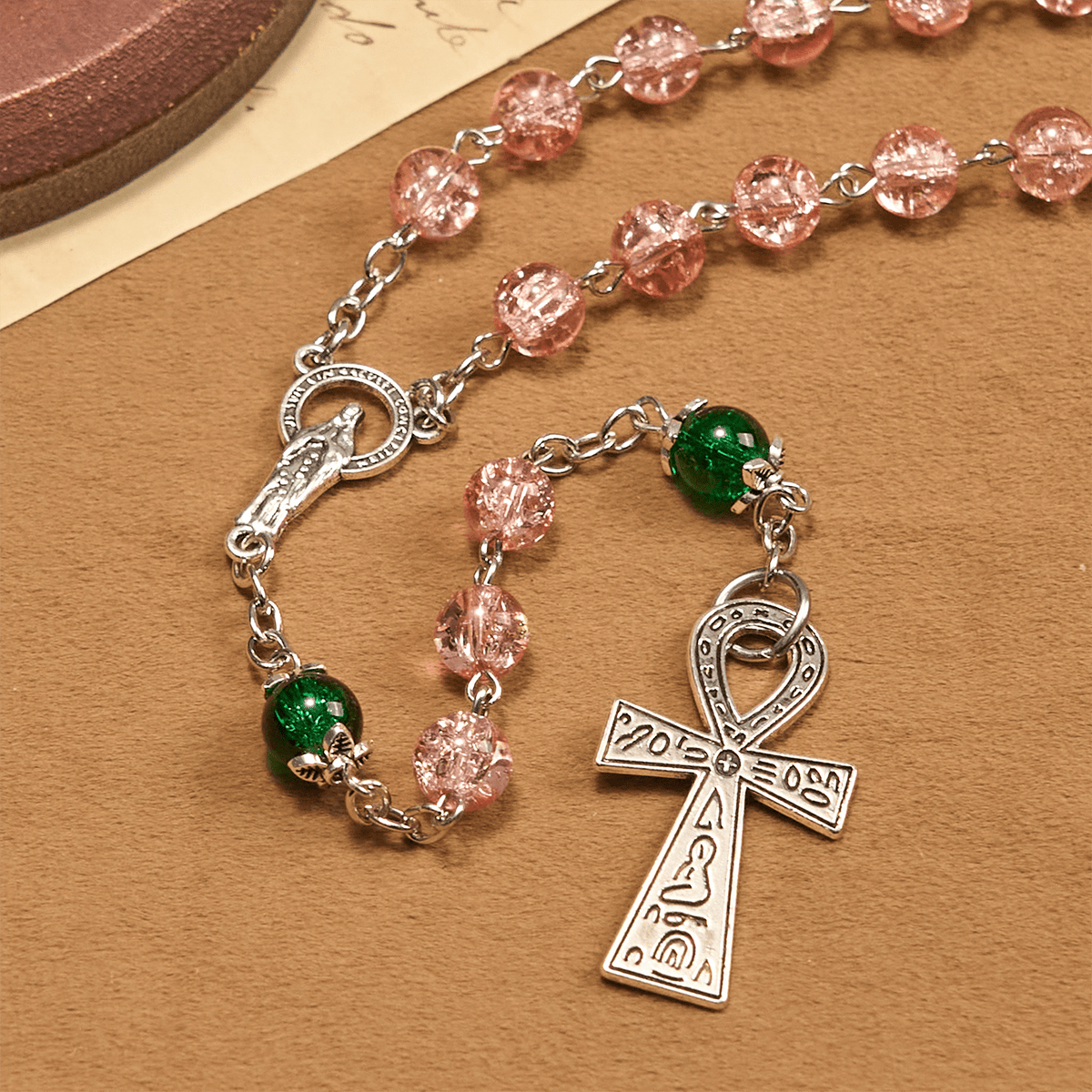 Inclusive Clear Sparkling Pink Glass Beads Alloy Chain Rosary with Our Lady & Ankh Cross
